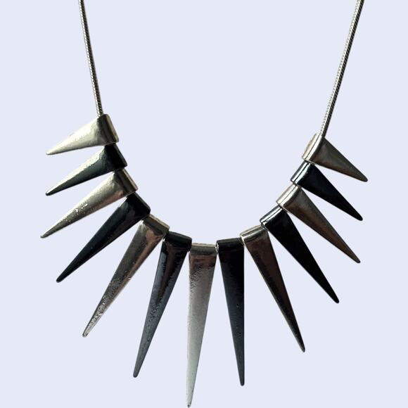 Express Silver Spike Statement Necklace Dagger Fringe Punk Bib Modern Edgy - Picture 1 of 4